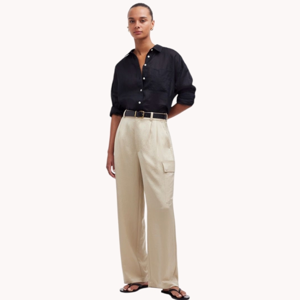 Madewell Satin High Rise Straight Cargo Trousers NWOT in Light Sand Beige 12